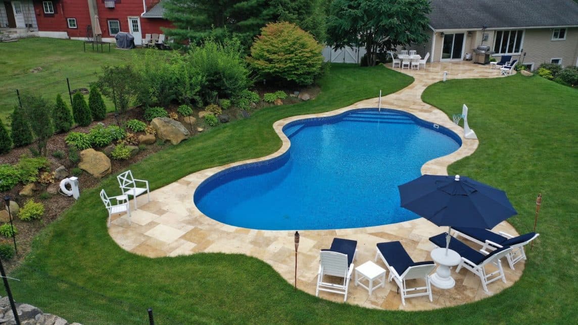 aerial view of a blue swimming pool