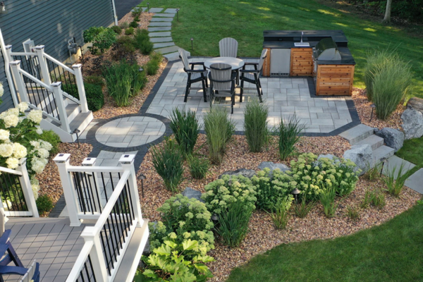 Elegant patio surrounded by landscape concept image for what to expect with 2023 projects