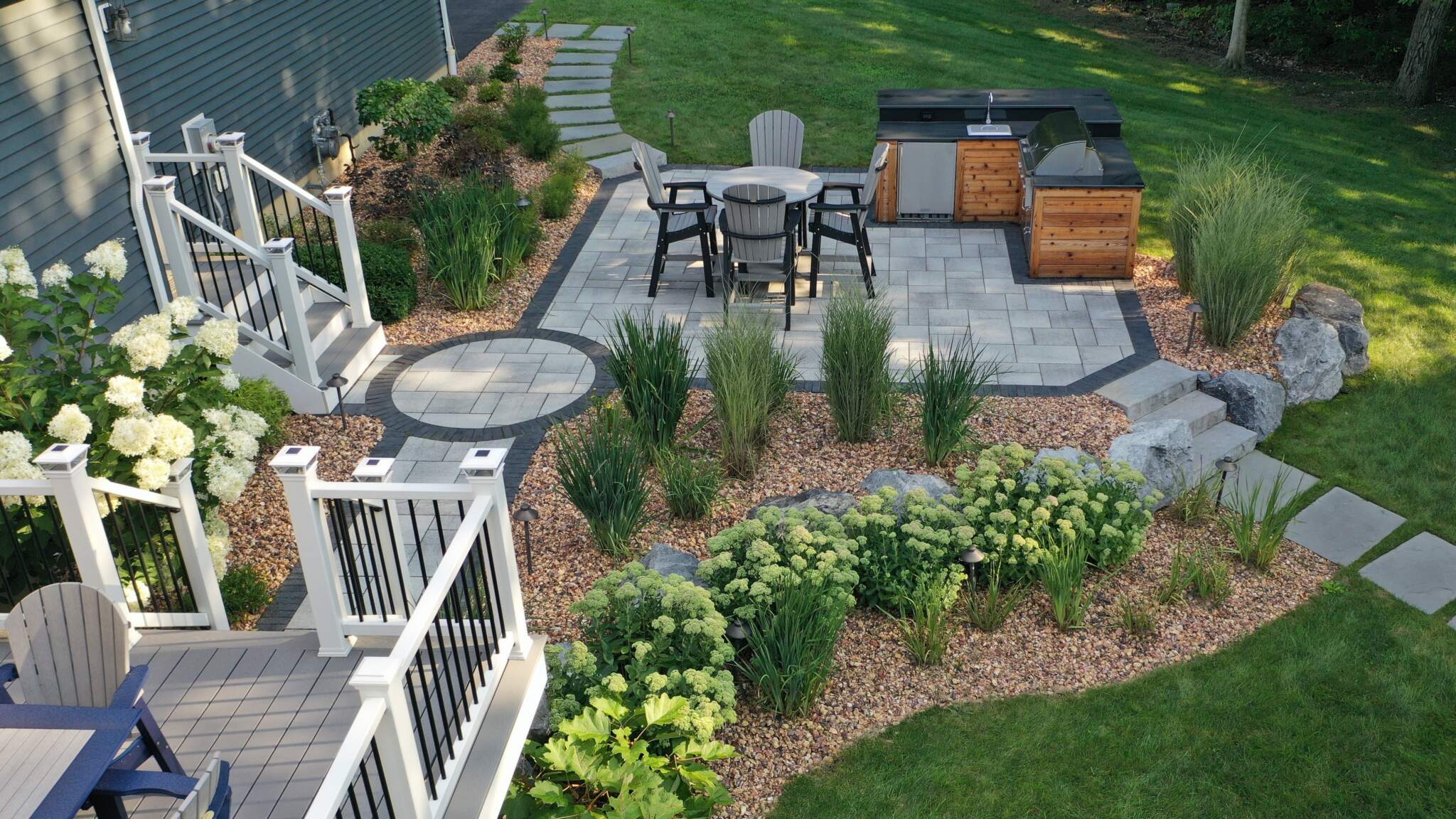 View of hardscaped and landscaped patio the professional fully insured team of Neave Group installed a beautiful pool, also providing lawn care,