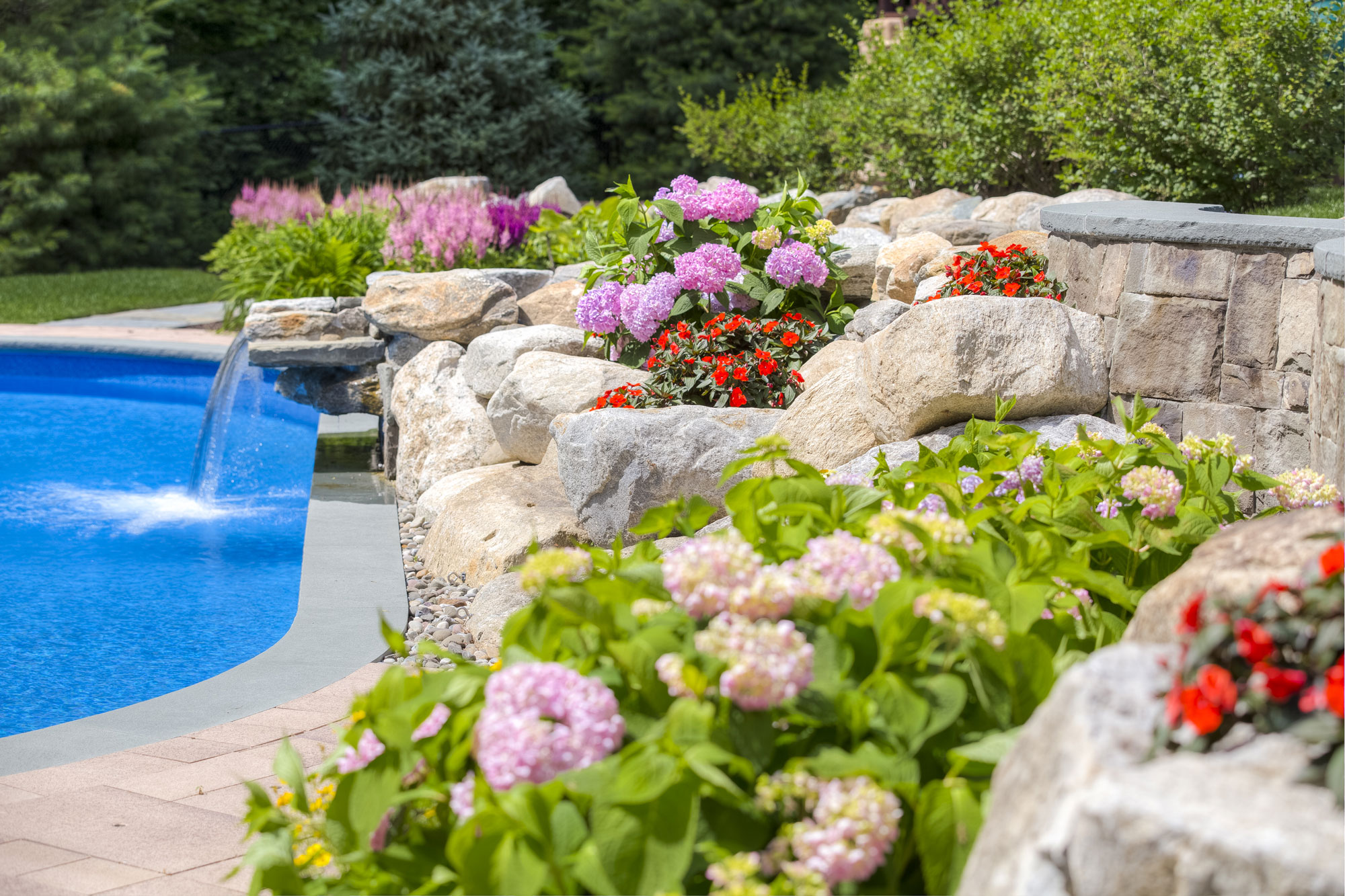 Professionally designed landscaping surrounding pool area near Fairfield Connecticut by Neave Outdoor